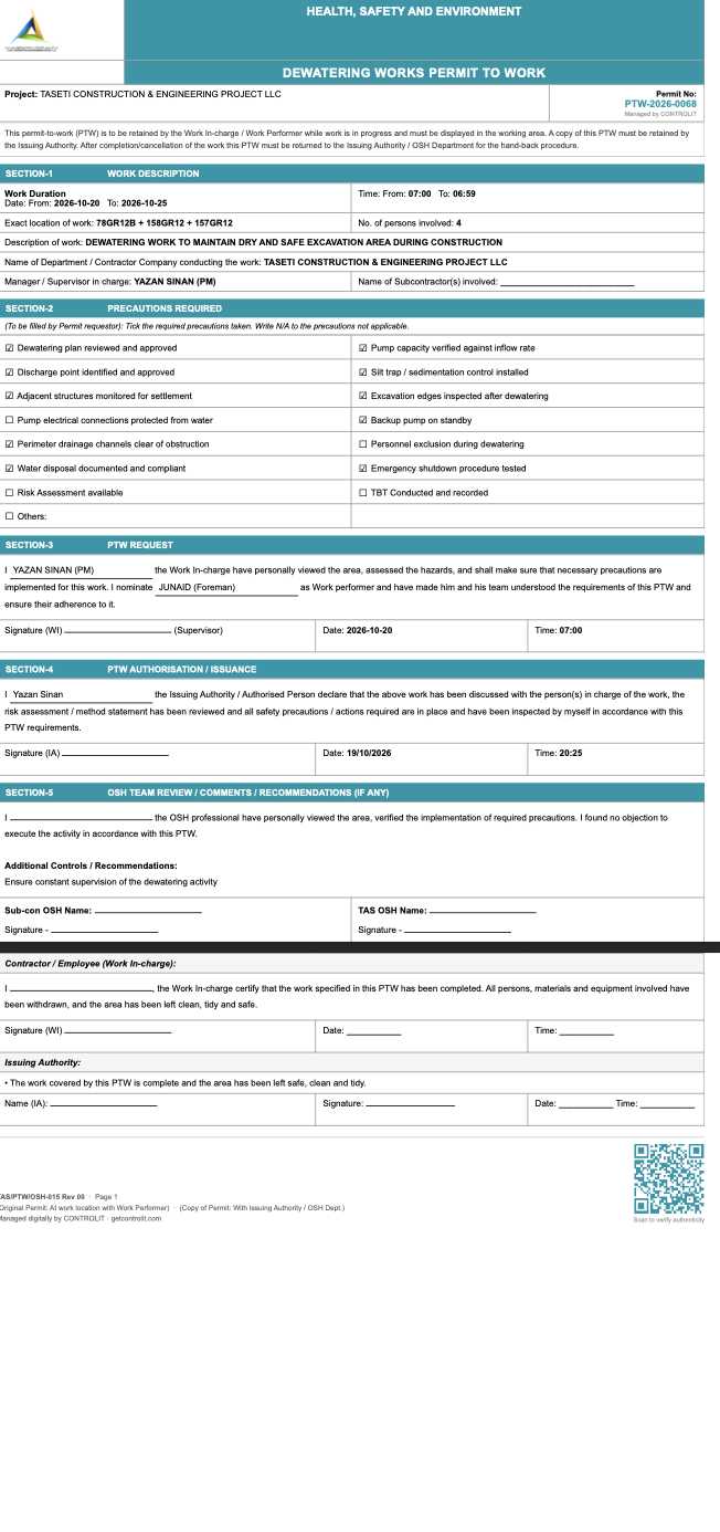 CONTROLIT generated Permit to Work document